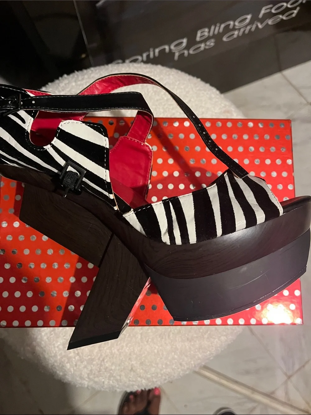 Zebra-Print Platform Sandals with Red Insole and Black Straps